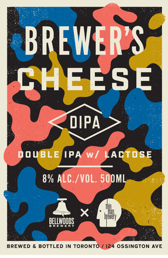 Colorful abstract beer poster featuring bold text reading ‘Brewer’s Cheese DIPA Double IPA w/ Lactose 8% Alc/Vol 500ml’ with camouflage-style shapes in blue, mustard yellow, coral pink, and black.