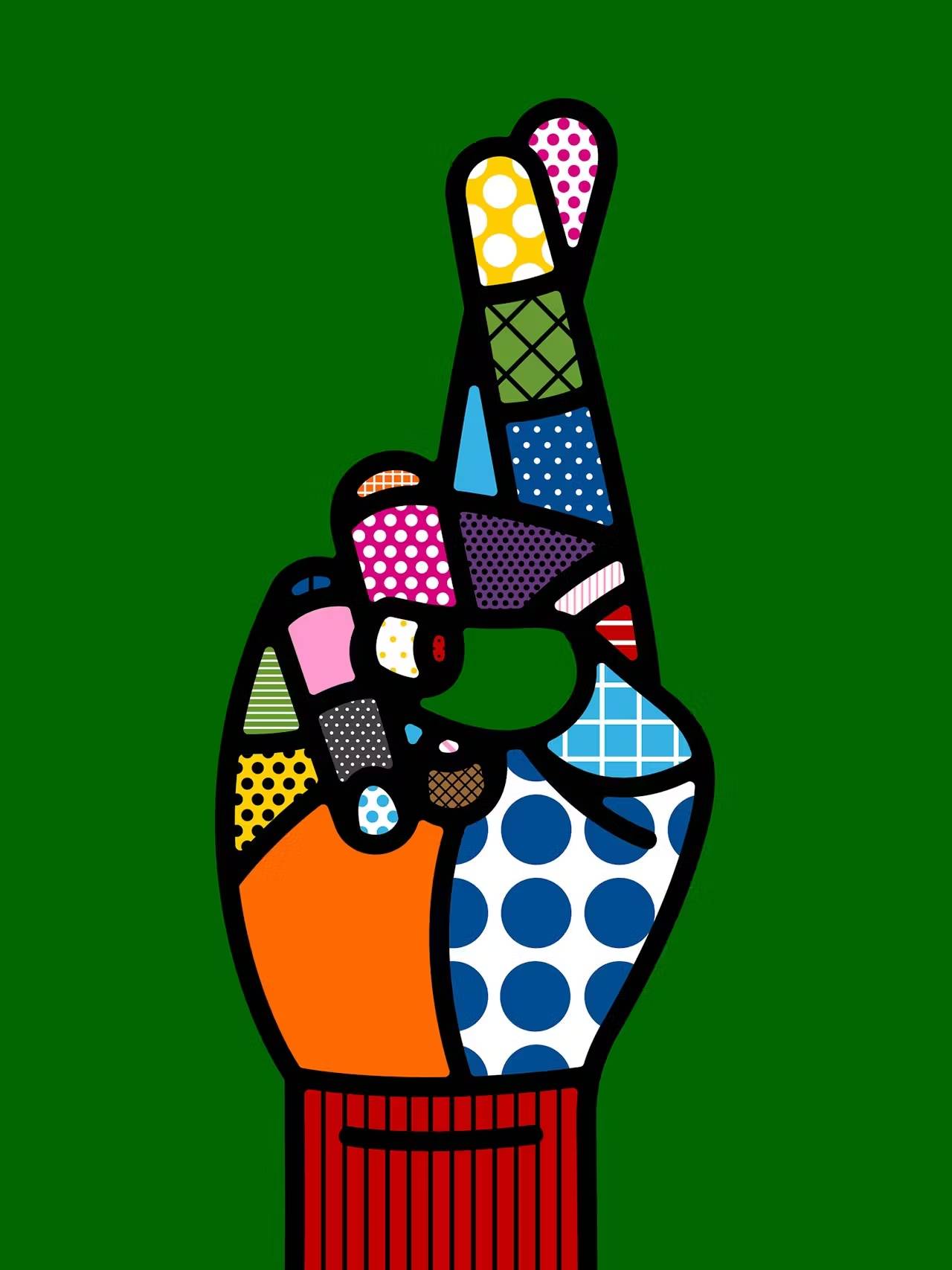 Illustrated hand with fingers crossed, filled with bold, colorful geometric and patterned shapes on a solid green background.