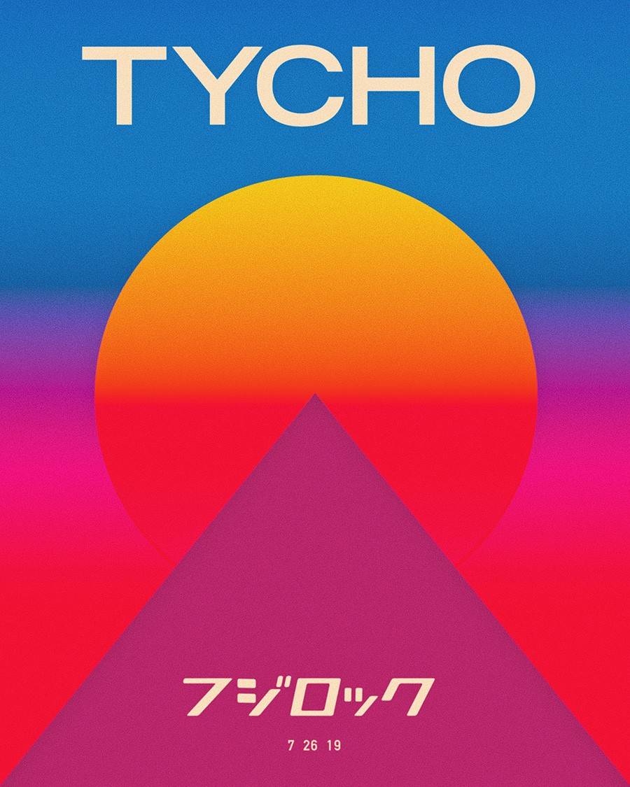 Bold graphic poster with the text “TYCHO” at the top, featuring a large yellow-orange sun setting behind a magenta triangular shape, on a vivid gradient background of blue, pink, and red, with Japanese katakana text and the date 7 26 19 at the bottom.