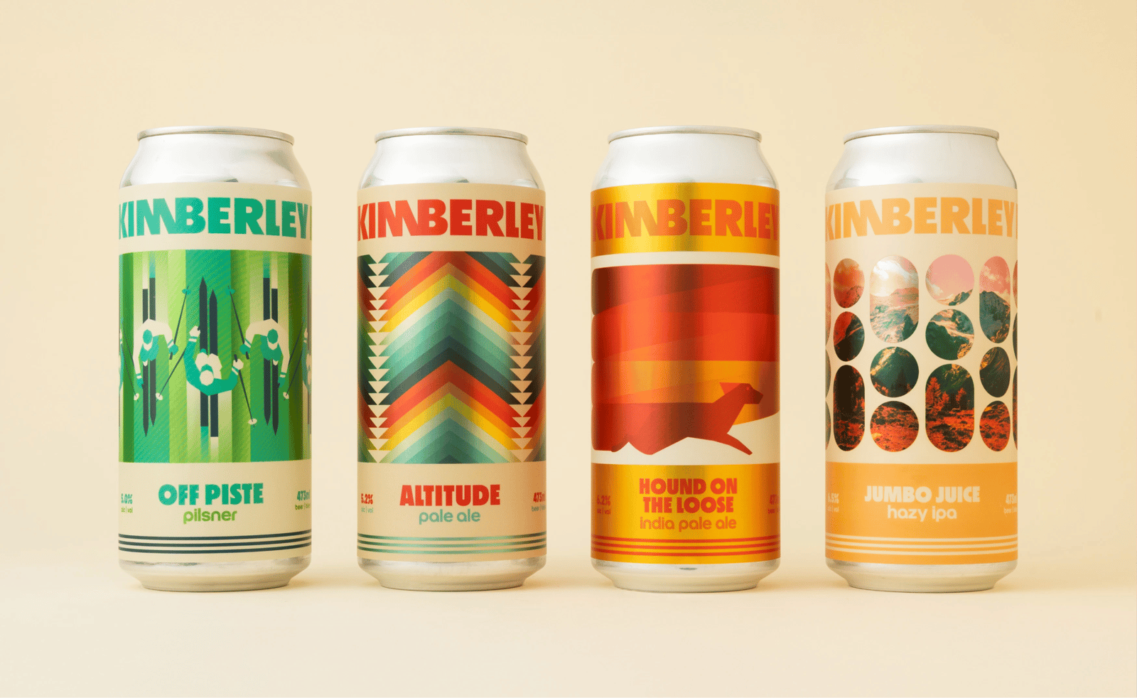 Four Kimberley Brewery beer cans with bold geometric artwork: green skiing design for Off Piste pilsner, rainbow chevrons for Altitude pale ale, red hound silhouette for Hound on the Loose IPA, and orange mountain collage for Jumbo Juice hazy IPA.