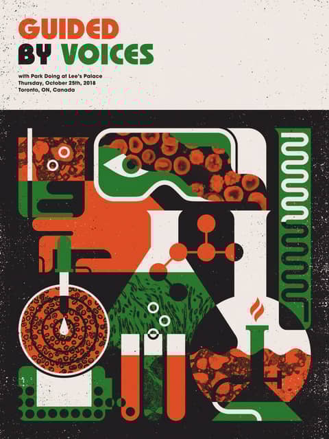Concert poster for Guided By Voices with bold orange, green, and black science-lab themed graphics, including test tubes, flasks, and an eye in goggles.