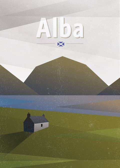Minimalist poster-style artwork of a Scottish Highland scene. A lone white cottage sits on green fields by a loch with tall mountains in the background. The word "Alba" and a small Saltire flag appear at the top.