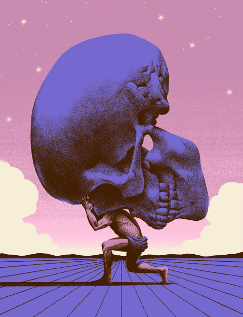 A surreal illustration of a man kneeling while carrying a giant purple skull against a pink starry sky.
