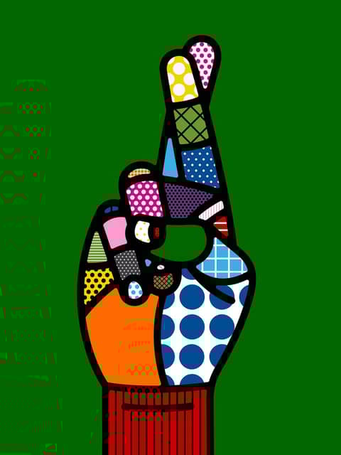 Illustrated hand with fingers crossed, filled with bold, colorful geometric and patterned shapes on a solid green background.