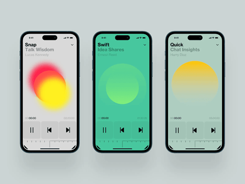 Minimal podcast app interface shown on three smartphones, each with gradient backgrounds and circular abstract graphics, featuring play controls and episode titles.