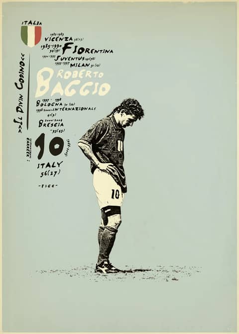 Minimalist poster of Italian footballer Roberto Baggio in his No.10 Italy kit, head bowed. Features his career clubs, years, stats, and the Italian crest, celebrating his legendary football journey.